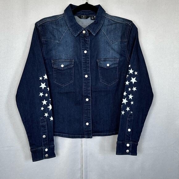 Women's NWOT G by Giuliana Dark Wash Crop Denim Jacket- Stars Western- Size 10 - Picture 1 of 6